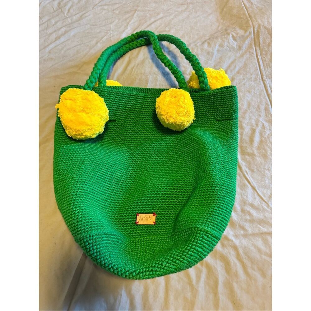Frances Valentine Pom Pom green crochet purse tote bag - EUC